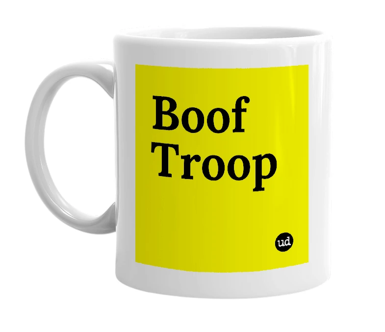 White mug with 'Boof Troop' in bold black letters