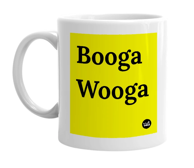 White mug with 'Booga Wooga' in bold black letters