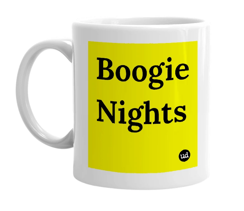 White mug with 'Boogie Nights' in bold black letters