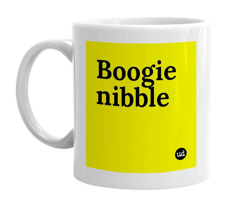 White mug with 'Boogie nibble' in bold black letters