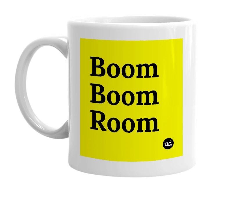 White mug with 'Boom Boom Room' in bold black letters