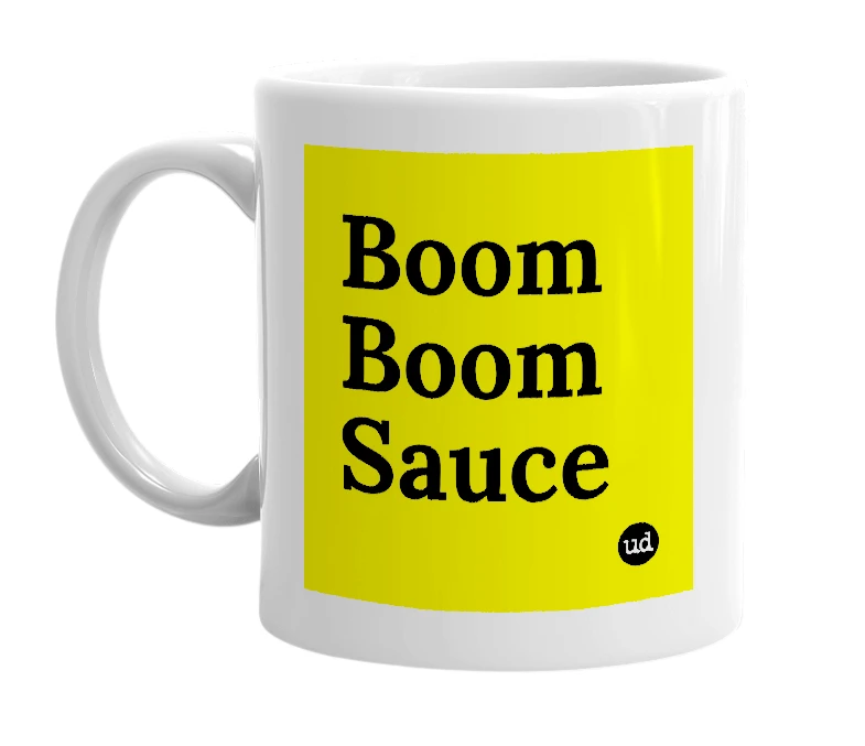 White mug with 'Boom Boom Sauce' in bold black letters