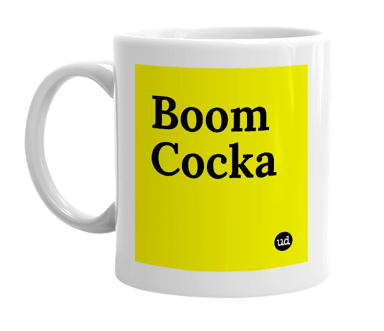 White mug with 'Boom Cocka' in bold black letters