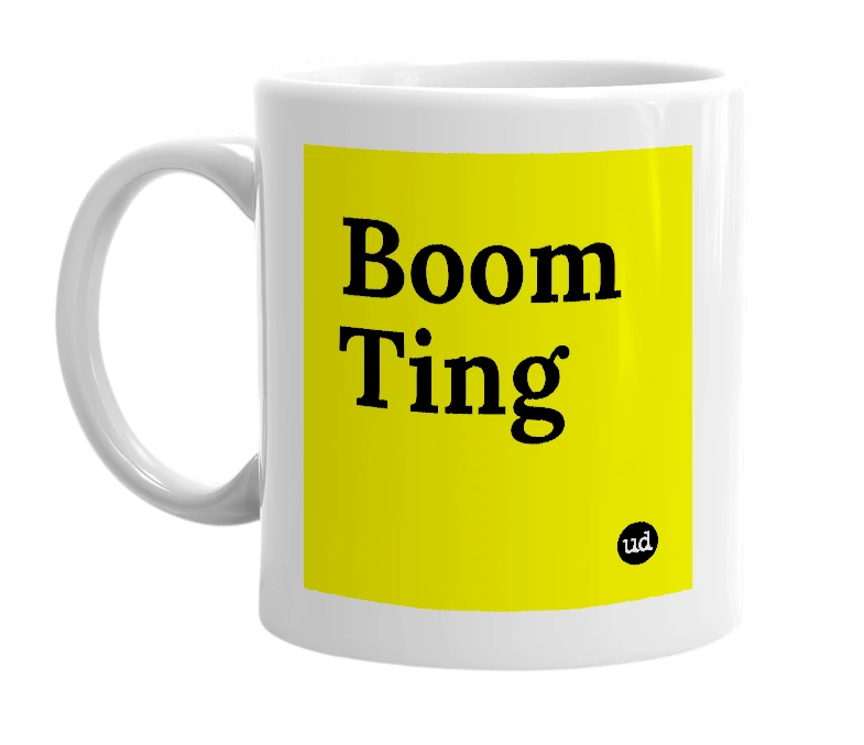 White mug with 'Boom Ting' in bold black letters