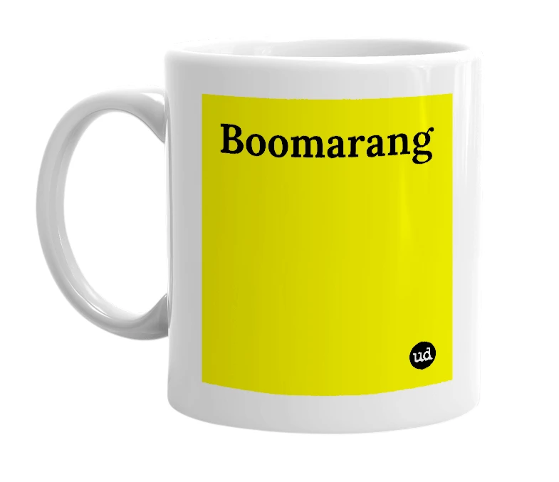 White mug with 'Boomarang' in bold black letters