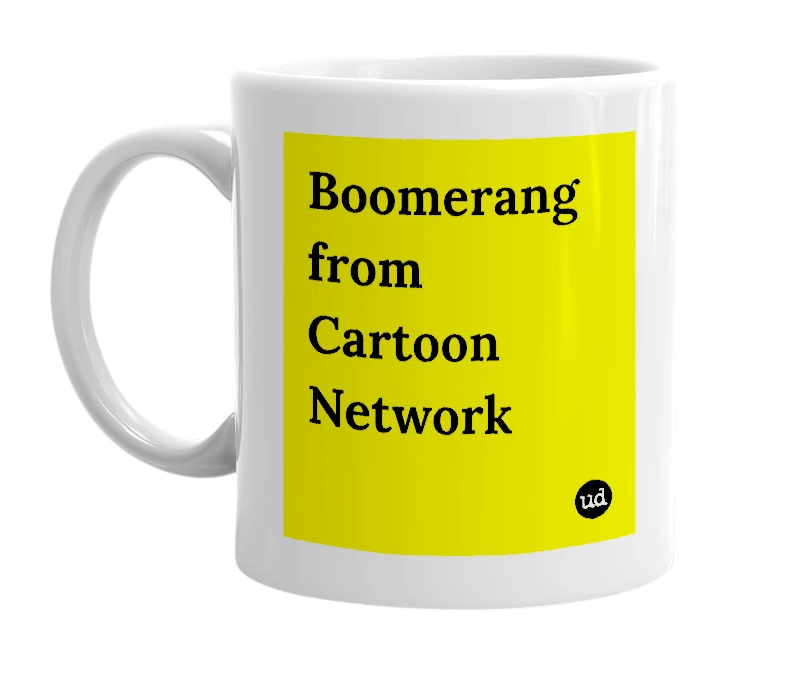 White mug with 'Boomerang from Cartoon Network' in bold black letters