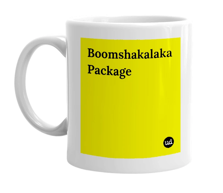 White mug with 'Boomshakalaka Package' in bold black letters