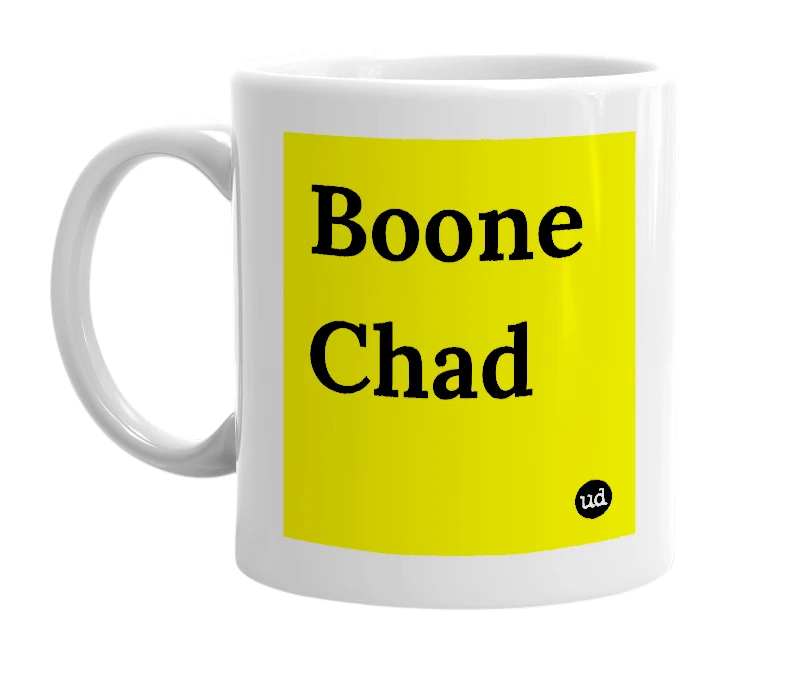 White mug with 'Boone Chad' in bold black letters