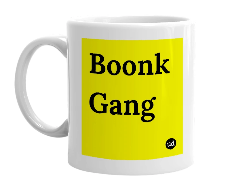 White mug with 'Boonk Gang' in bold black letters