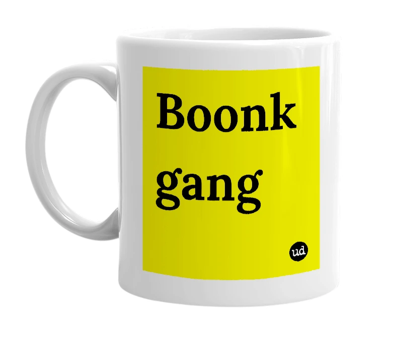 White mug with 'Boonk gang' in bold black letters