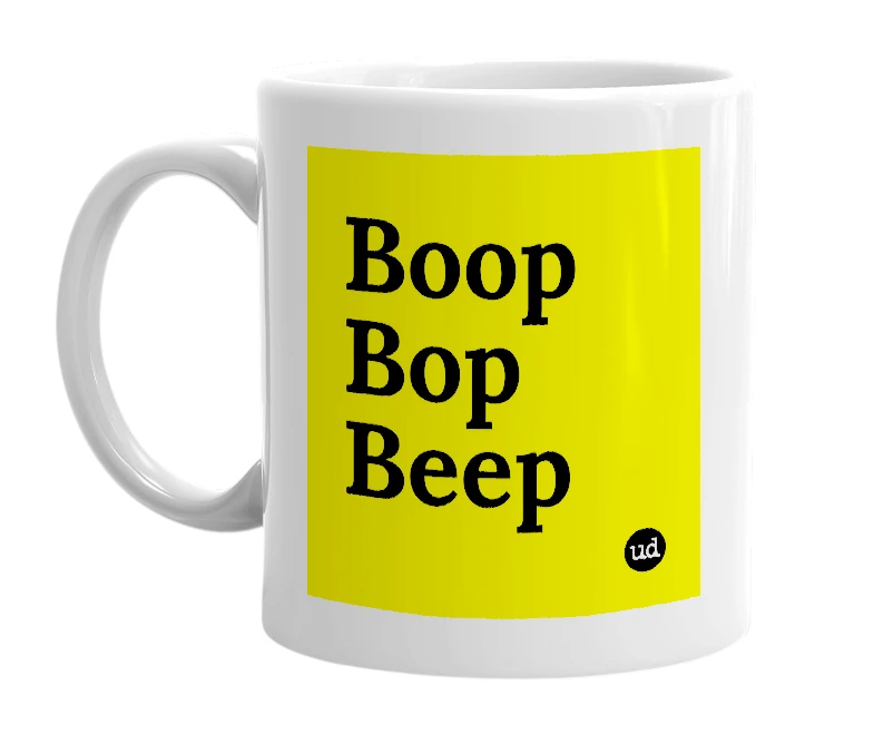 White mug with 'Boop Bop Beep' in bold black letters