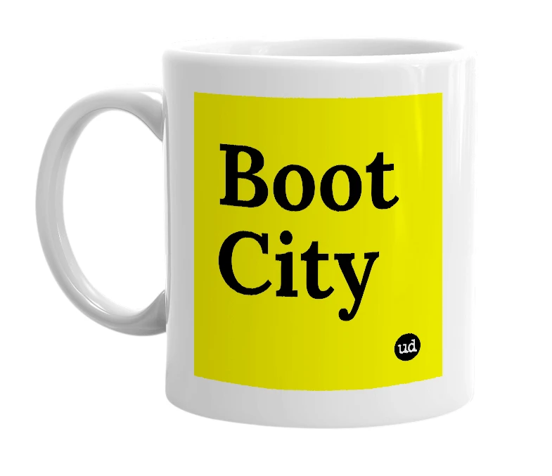 White mug with 'Boot City' in bold black letters