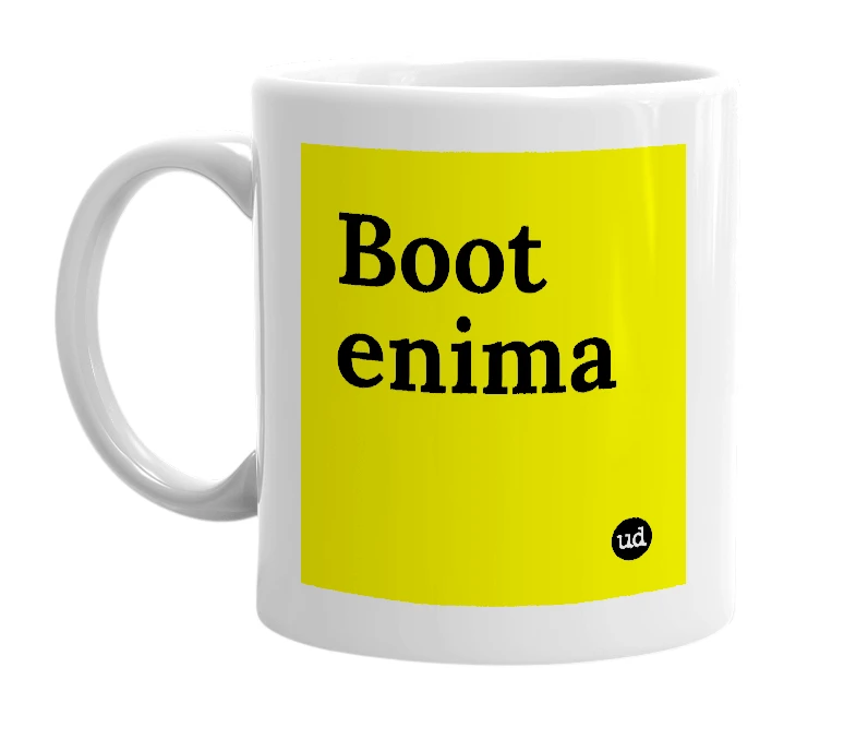 White mug with 'Boot enima' in bold black letters