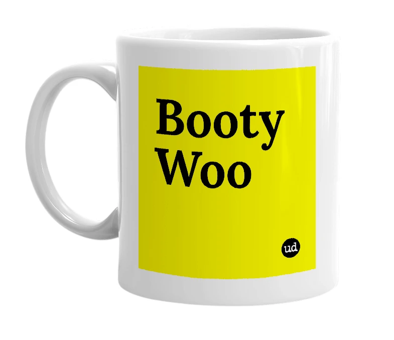 White mug with 'Booty Woo' in bold black letters