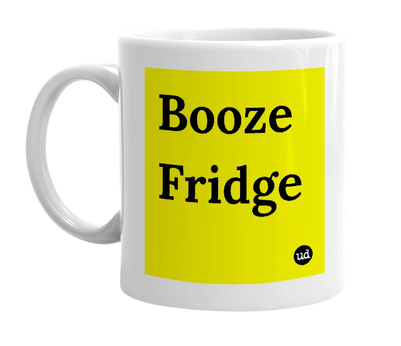 White mug with 'Booze Fridge' in bold black letters
