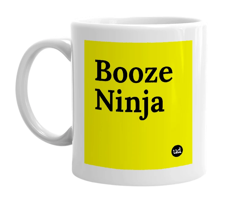 White mug with 'Booze Ninja' in bold black letters