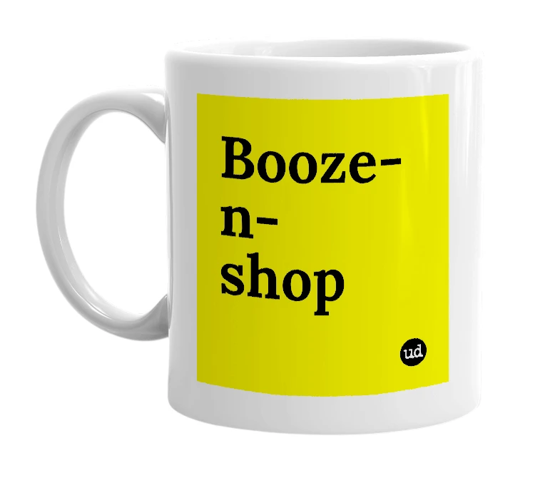 White mug with 'Booze-n-shop' in bold black letters
