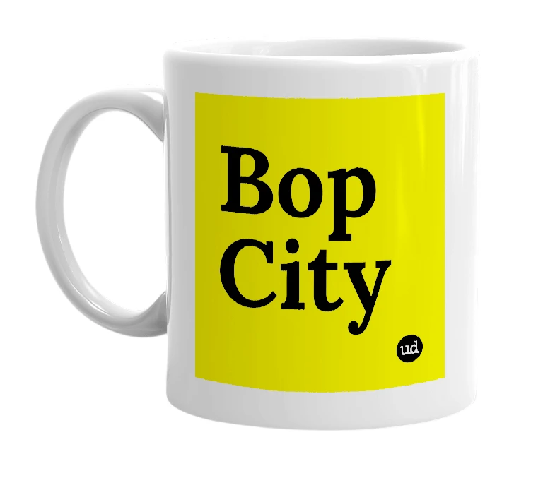 White mug with 'Bop City' in bold black letters