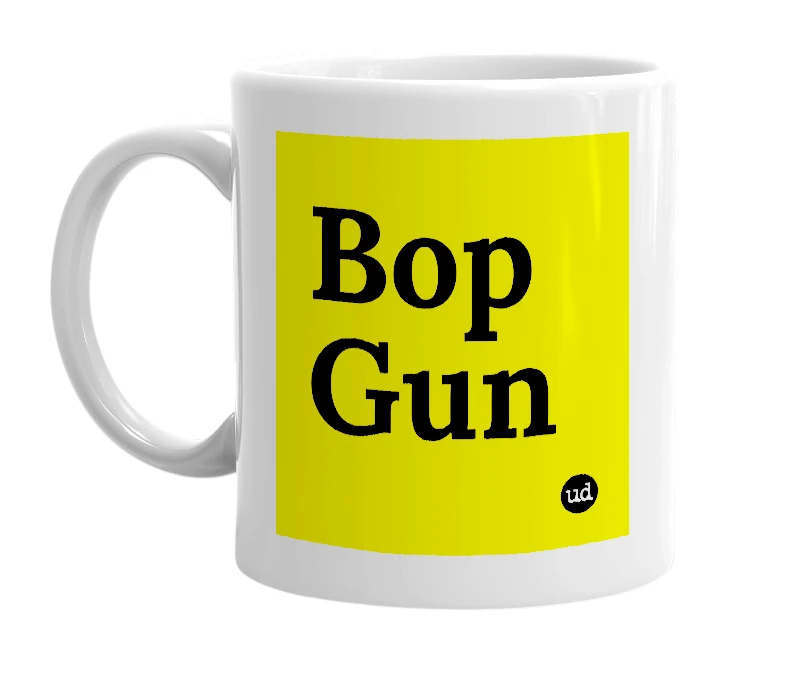 White mug with 'Bop Gun' in bold black letters