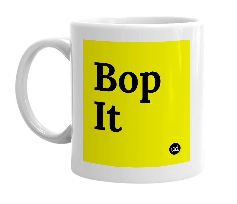 White mug with 'Bop It' in bold black letters