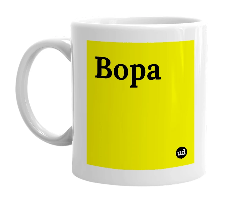 White mug with 'Bopa' in bold black letters