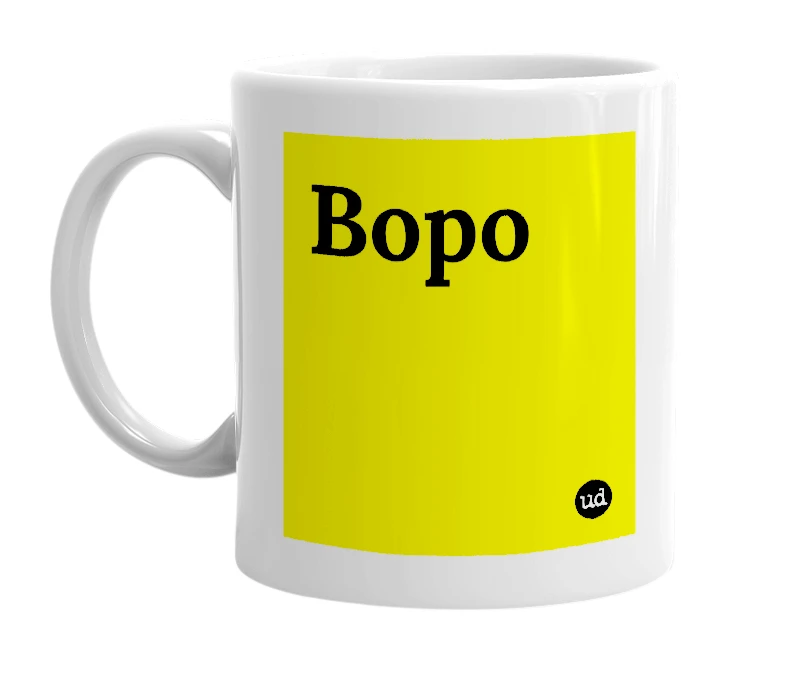 White mug with 'Bopo' in bold black letters