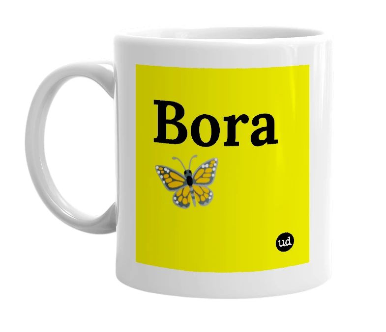 White mug with 'Bora🦋' in bold black letters