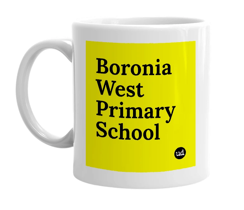 White mug with 'Boronia West Primary School' in bold black letters