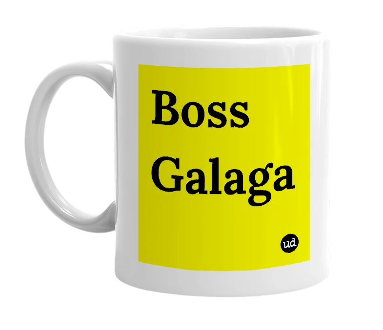 White mug with 'Boss Galaga' in bold black letters