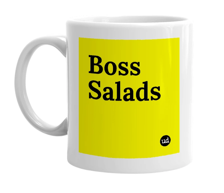 White mug with 'Boss Salads' in bold black letters