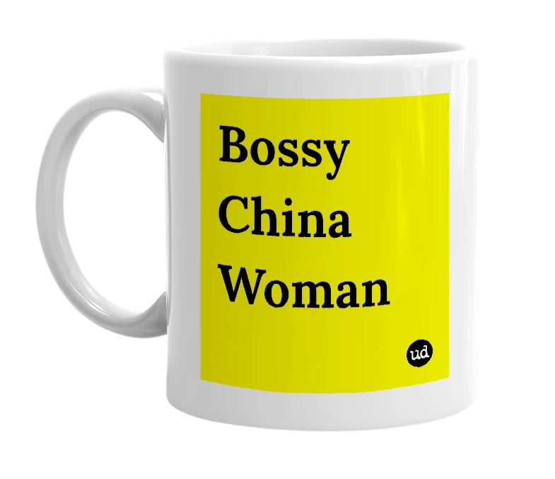 White mug with 'Bossy China Woman' in bold black letters