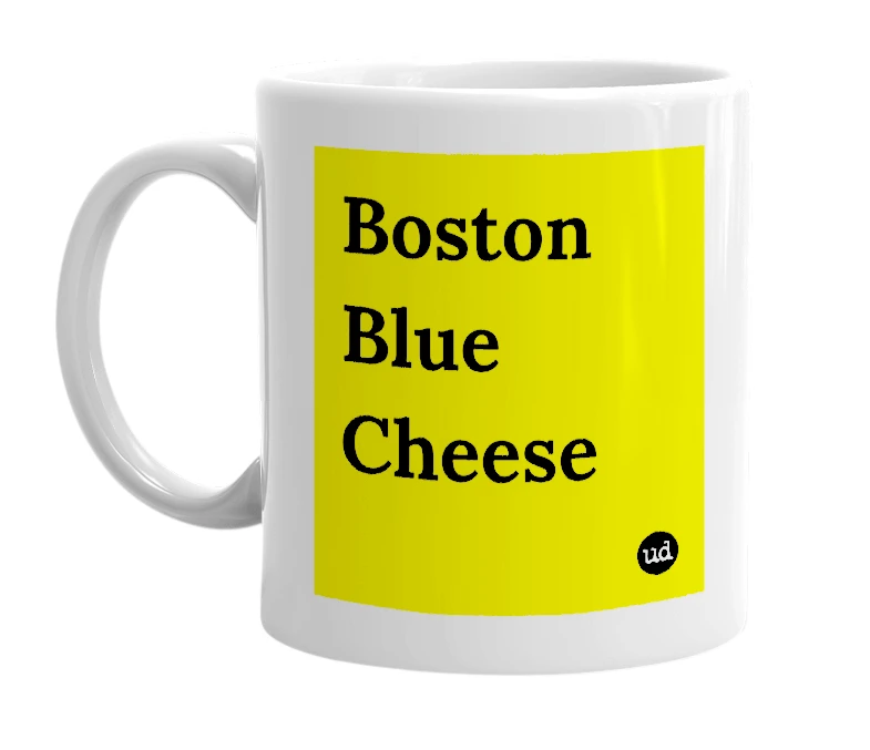 White mug with 'Boston Blue Cheese' in bold black letters