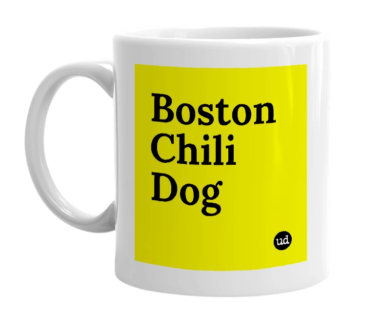 White mug with 'Boston Chili Dog' in bold black letters