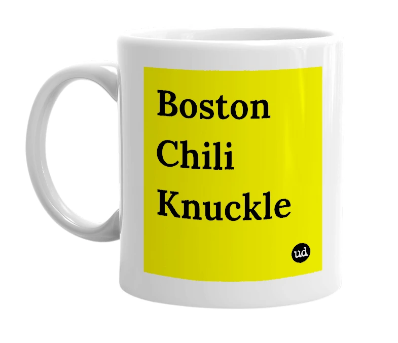 White mug with 'Boston Chili Knuckle' in bold black letters