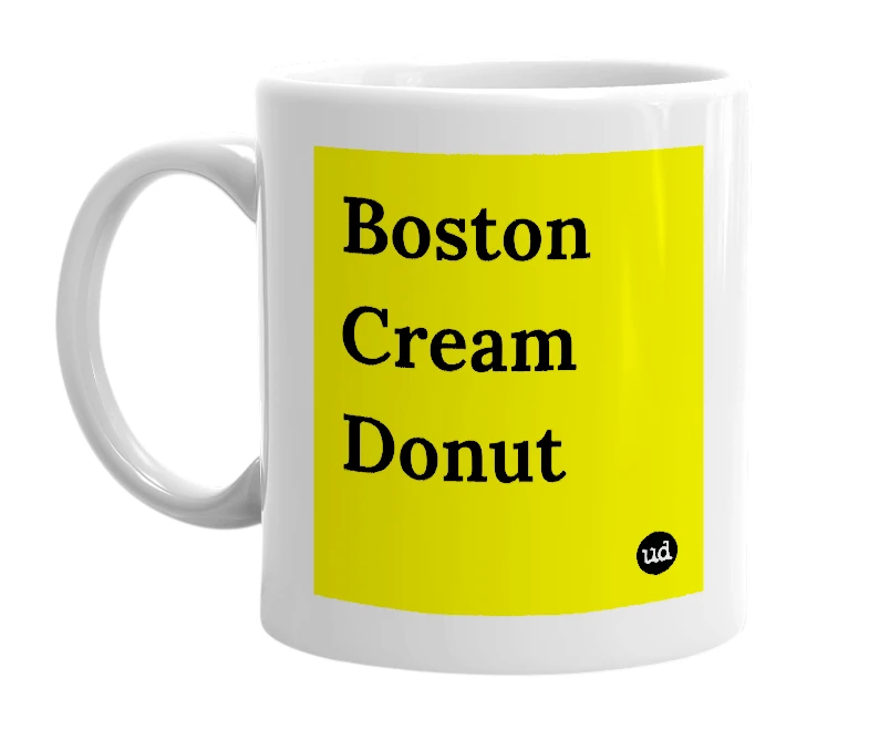 White mug with 'Boston Cream Donut' in bold black letters