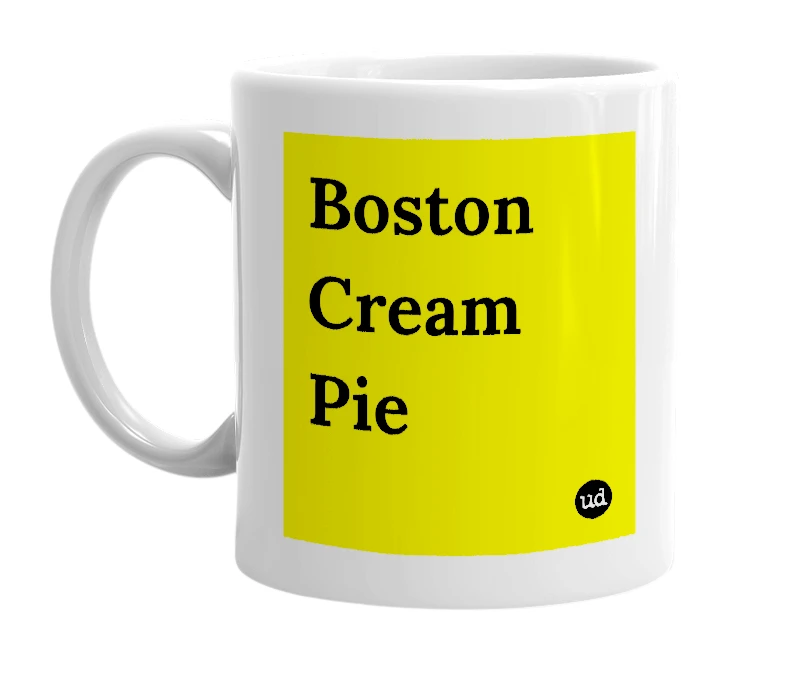 White mug with 'Boston Cream Pie' in bold black letters