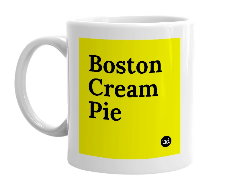 White mug with 'Boston Cream Pie' in bold black letters