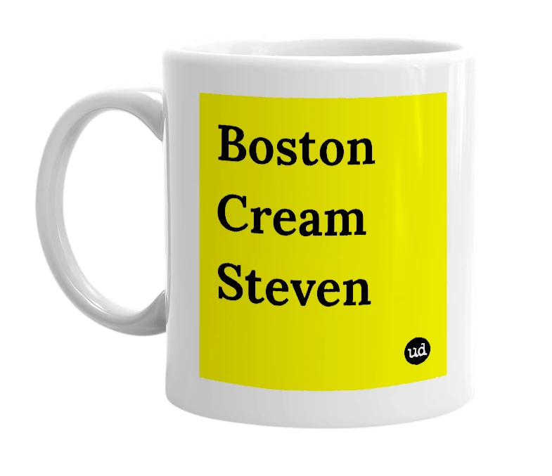 White mug with 'Boston Cream Steven' in bold black letters