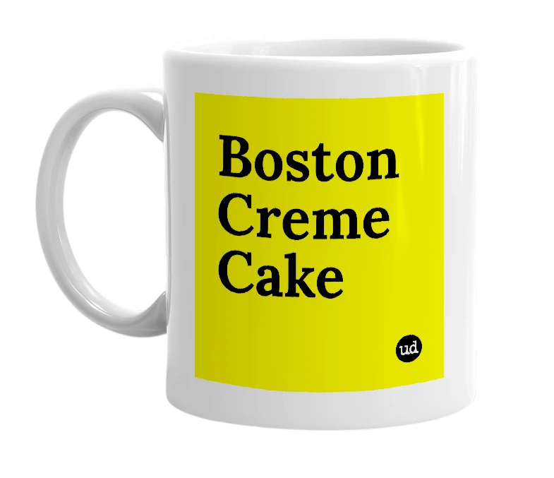 White mug with 'Boston Creme Cake' in bold black letters