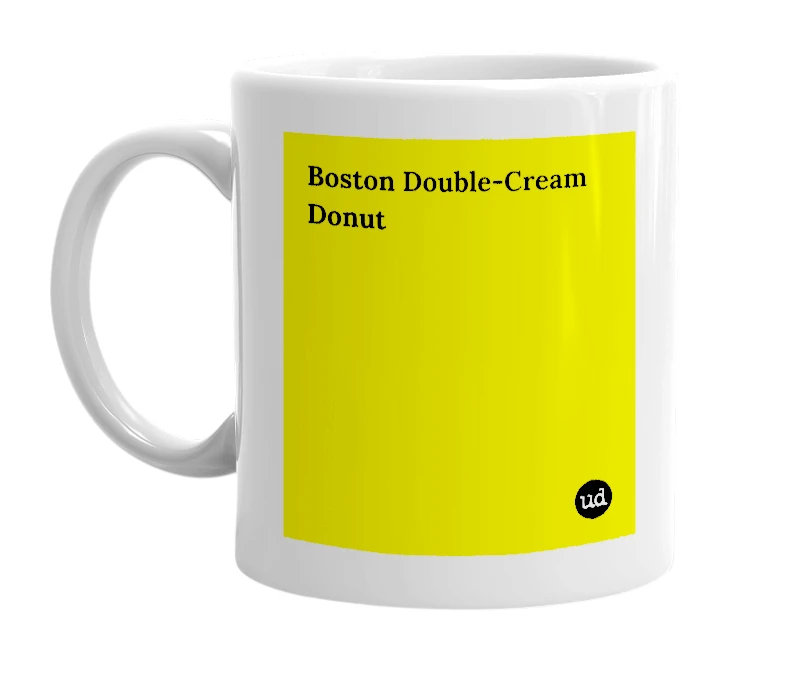 White mug with 'Boston Double-Cream Donut' in bold black letters