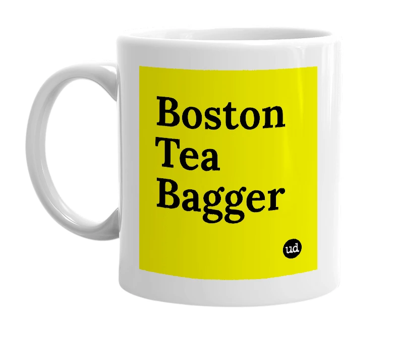 White mug with 'Boston Tea Bagger' in bold black letters