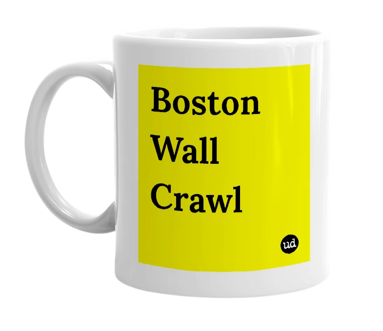 White mug with 'Boston Wall Crawl' in bold black letters