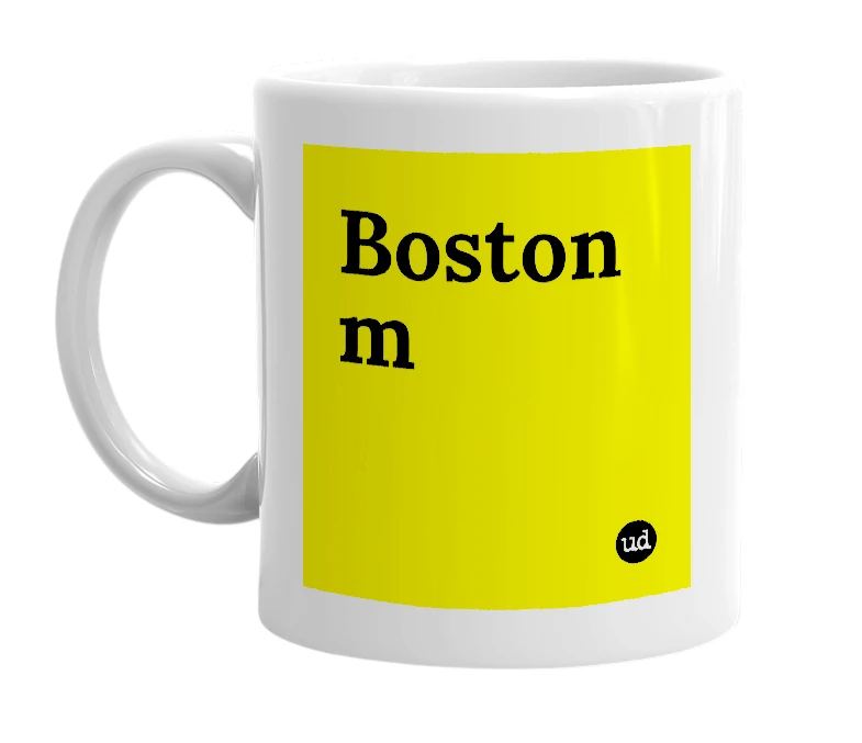 White mug with 'Boston m' in bold black letters