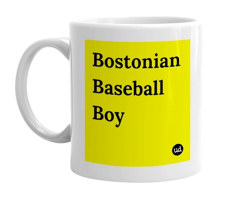 White mug with 'Bostonian Baseball Boy' in bold black letters