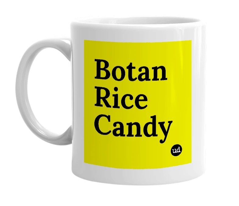 White mug with 'Botan Rice Candy' in bold black letters