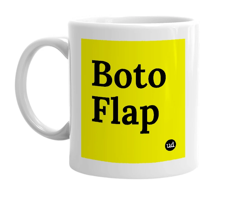 White mug with 'Boto Flap' in bold black letters