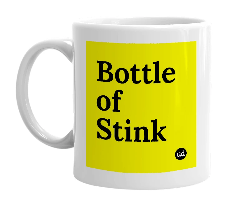 White mug with 'Bottle of Stink' in bold black letters