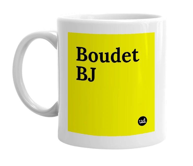 White mug with 'Boudet BJ' in bold black letters