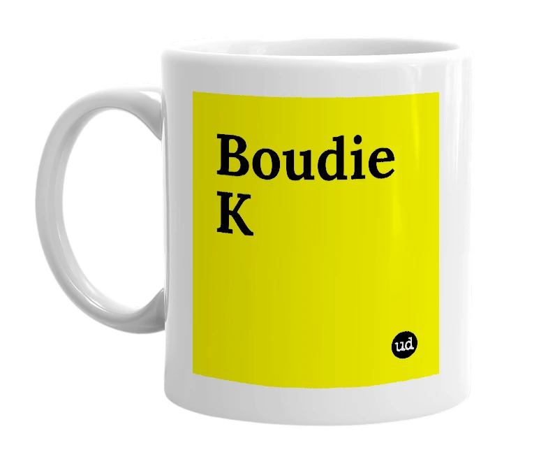 White mug with 'Boudie K' in bold black letters