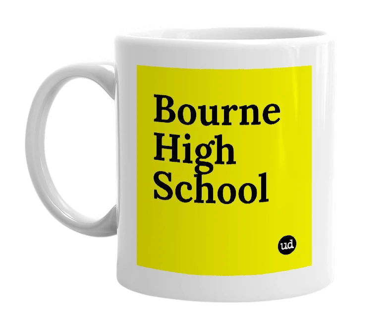 White mug with 'Bourne High School' in bold black letters